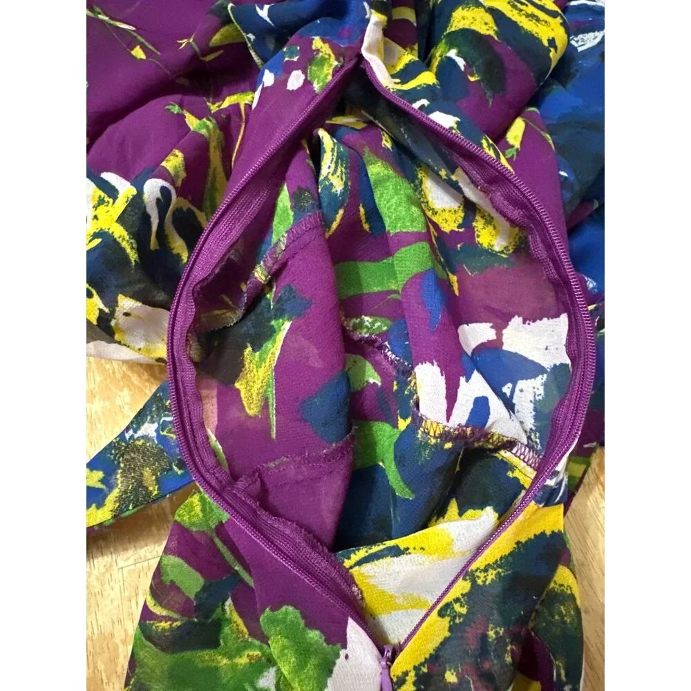 Ashley Stewart Size 14 Purple Sheer Floral Dress High Low Hem Metal Side Zip Art - Picture 11 of 13